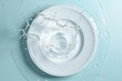 © tiena - Clean white plate with a water splash on a simple blue background. AI generative