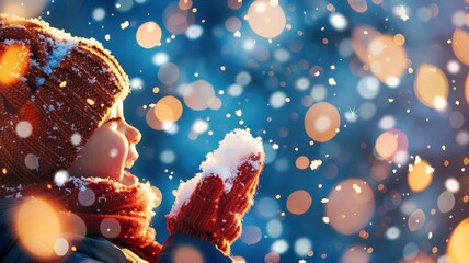 Joyful child playing in the snow with soft snowflakes falling around, capturing the magic of winter wonderland moments.