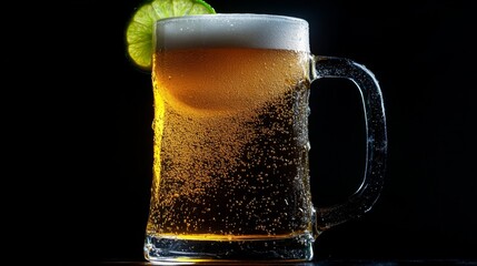 Poster - Close-up of a frosty beer mug filled with a crisp lager, with a slice of lime on the rim and a refreshing splash of condensation