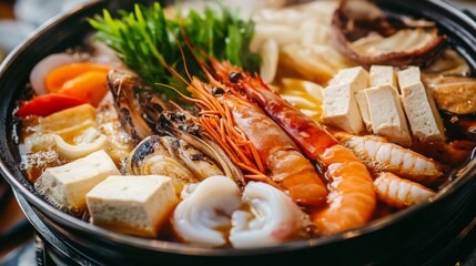 Wall Mural - Close-up of a hot pot with an assortment of fresh ingredients, including seafood, vegetables, and tofu, all cooking together in a flavorful broth.