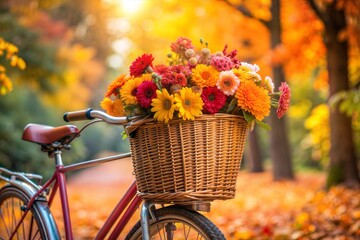 Wall Mural - Red vintage bicycle with basket of flowers in autumn