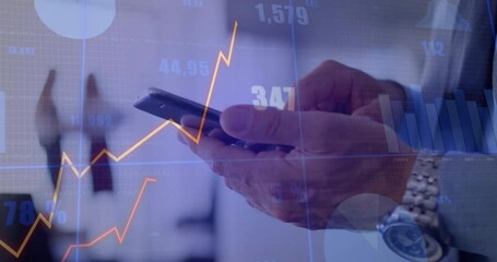Poster - Animation of financial data processing over caucasian man using smartphone