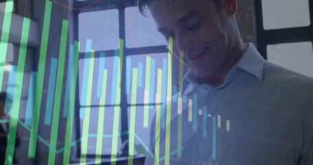 Poster - Animation of financial data processing over caucasian man using smartphone