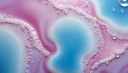 Poster - The fluid combination of pink and blue colors forms a mesmerizing abstract design, featuring glossy surfaces and delicate bubbles that enhance the artistic effect