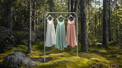 Three elegant dresses displayed on a hanger in a serene forest setting, surrounded by greenery and moss.