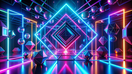 Poster - A dynamic digital environment showcases vivid neon colors with geometric shapes and reflective surfaces, creating an immersive and futuristic atmosphere