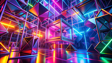 Poster - A surreal environment features multicolored geometric shapes emitting brilliant neon light. Reflections on the floor enhance the captivating, futuristic atmosphere
