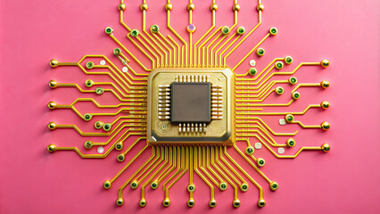 Poster - A golden microchip is positioned center on a vibrant pink surface, surrounded by a network of detailed circuit paths, illustrating advanced technology and innovation