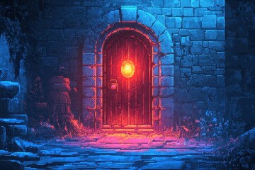 Mystical Pixel Dungeon Door in Retro 16-Bit RPG Scene