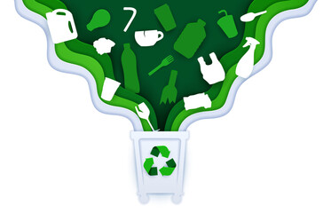 Canvas Print - Plastic recycle banner with paper cut waste bin or garbage trash can, vector ecology concept. Green environment and recycling of plastic garbage wastes in paper cut for eco biodegradable package