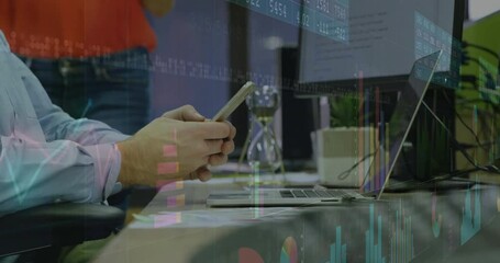 Poster - Animation of financial data processing over caucasian man using smartphone