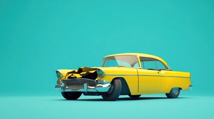 A cartoon car with a broken hood and shattered front window stands alone against a solid blue background, showcasing its detailed and stylized damage