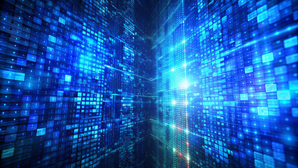 Poster - This visual showcases a vibrant, abstract digital environment filled with glowing blue lights and intricate patterns, conveying a sense of depth and modern technology