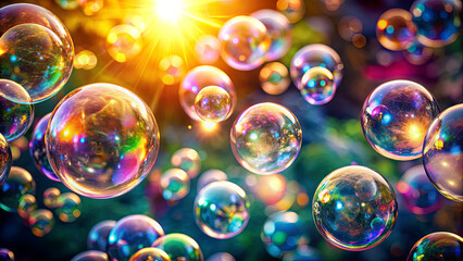 Poster - Multicolored soap bubbles drift effortlessly through the air, reflecting sunlight and creating a vibrant display against a backdrop of green foliage on a sunny day