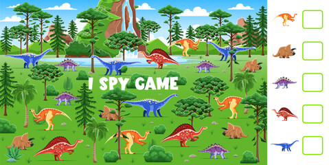Poster - Kids I spy game worksheet, cartoon dinosaurs in forest, vector puzzle quiz. Funny prehistoric dino animals riddle on jurassic nature background. Triceratops, dravidosaurus, ouranosaurus I spy game