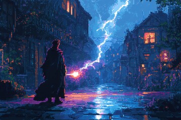 Retro Pixel Mage Casting Lightning Spell in RPG Battle with Magical Effects