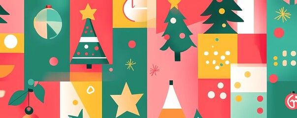 Christmas flat pattern with colorful Christmas symbols, retro design style, geometric shapes, and color blocks.