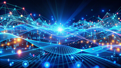 Fototapete - A vibrant, abstract scene showcases glowing lines and pulsating particles that create a sense of depth and motion, evoking a futuristic digital landscape in blue and turquoise hues