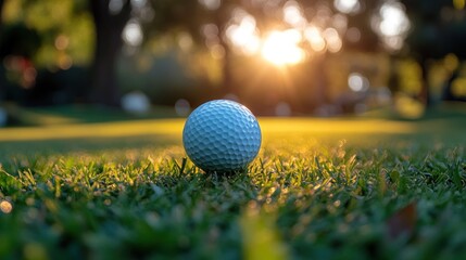 Canvas Print - Golf Ball on Green Grass at Sunset