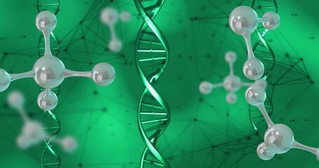 Sticker - Animation of dna strand spinning and data with connections on green background