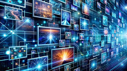 Fototapete - The composition features multiple vivid images arranged in a grid against a dark, glowing background, illustrating themes of technology, space, and digital creativity, creating a mesmerizing effect