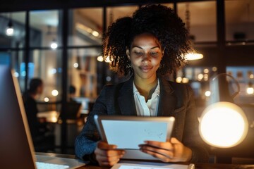 Sticker - It’s loaded with smart apps to suit her business interests Shot of a young businesswoman working late on a digital tablet in an office