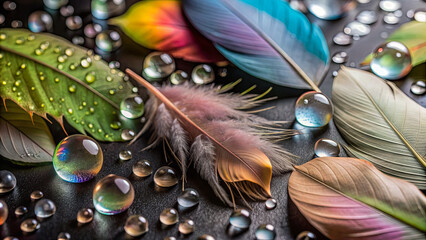 Poster - Vibrant leaves and colorful feathers lay on a black surface, embellished with glistening water droplets that reflect light beautifully, showcasing nature's artistry