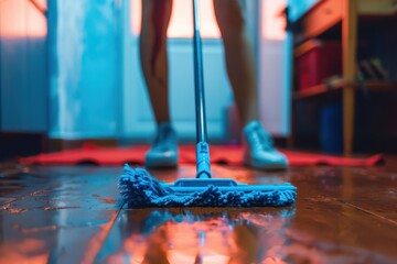 Wall Mural - Young woman cleaning house Close-up of young woman mopping the floor