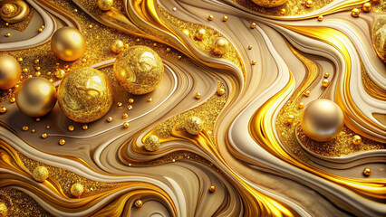 Poster - Swirling patterns of gold and cream intertwine, featuring shiny spheres and specks that evoke a sense of luxury and richness in this abstract composition
