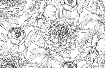 Wall Mural - Beautiful hand drawn vector seamless pattern with black and white peonies. Endless background with summer garden plants