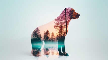 Enchanting double exposure of a dog with scenic landscapes, showcasing the beauty and grace of these beloved pets in their natural habitat, ultra-realistic, vibrant colors, beautifully composed and