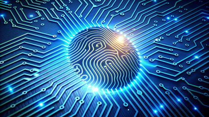 Poster - A captivating design featuring a fingerprint at the center, intricately connected to a pattern of electronic circuits. This artwork symbolizes the intersection of technology and security