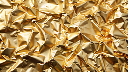 Poster - A vibrant, crinkled surface of gold foil glistens under soft daylight, showcasing its unique textures and reflections that create a dynamic visual effect