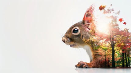 Double exposure of a squirrel blending with its natural forest habitat, capturing the agility and curiosity of these small mammals, high-definition, vibrant colors, intricate details, dynamic and