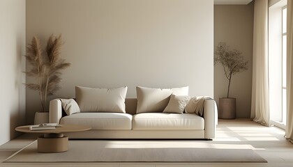 Wall Mural - Chic Minimalist Sofa Amidst Elegant Beige Walls in Modern Living Space