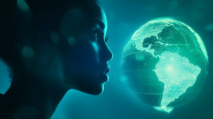 Poster - 3D digital illustration of global brain network on blue earth globe, representing technology and communication