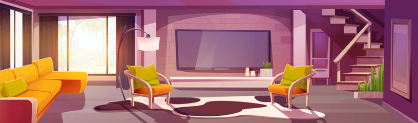 Wall Mural - Home living room inside interior design cartoon background. Apartment with staircase to second floor in livingroom. Luxury and fancy lobby with yellow sofa and armchair. Cozy decor and sunlight