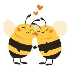 Wall Mural - Cute flat vector illustration in children's style. Two cute bees holding hands and loving each other . Vector illustration