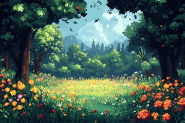 Wall Mural - Enchanting 16-Bit Pixel Forest - RPG Serene Nature Background with Pixelated Flowers and Birds