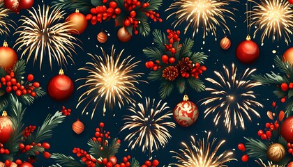 Festive Seamless Pattern of Christmas Fireworks and Ornaments with Textural Elements