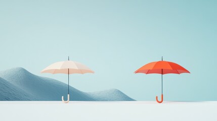 Wall Mural - Two distinctly colored umbrellas placed on a completely blank surface, evoking a sense of shelter and protection through choice.