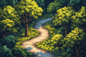 Wall Mural - Retro 8-Bit Pixel Forest with Winding Paths and Simple Trees - RPG Nature Exploration Background