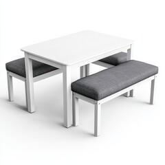 A modern white table with two gray benches, suitable for dining or casual gatherings.