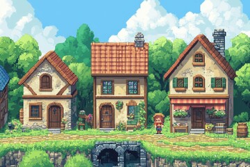 Wall Mural - Retro Pixel Village Life: 16-Bit RPG Town Scene with NPCs and Houses, Vintage Video Game Background