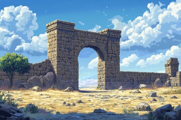 Wall Mural - Pixelated Desert Ruins - Retro 16-Bit RPG Exploration Background with Glowing Sands