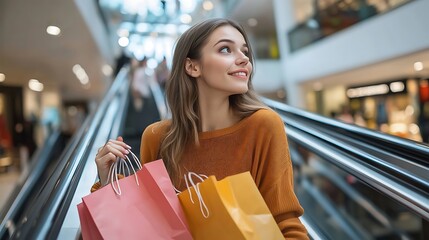 Outdoor portrait of the beautiful young sexy woman. holding shopping bags , smiling and posing in escalator,