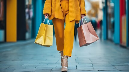 A woman walking on street holding shopping bags. Ideal for retail and consumerism concepts