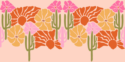 Wall Mural - Desert Matisse border. Art nouveau landscape panorama with cactus and pumkins. Tile seamless pattern in groovy 60s 70s vibes.