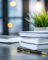 A neat stack of documents on a desk with a modern pen and a touch of greenery in the background, perfect for office themes.