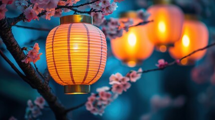 Wall Mural - Enchanting Cherry Blossom Lanterns Illuminating a Tranquil Japanese Garden at Night